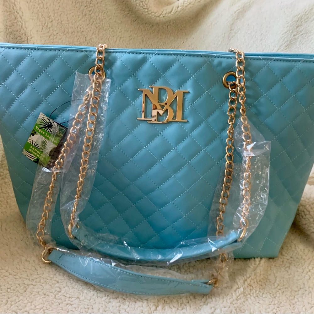 Badgley Mischka Blue Quilted Tote with Gold Chain